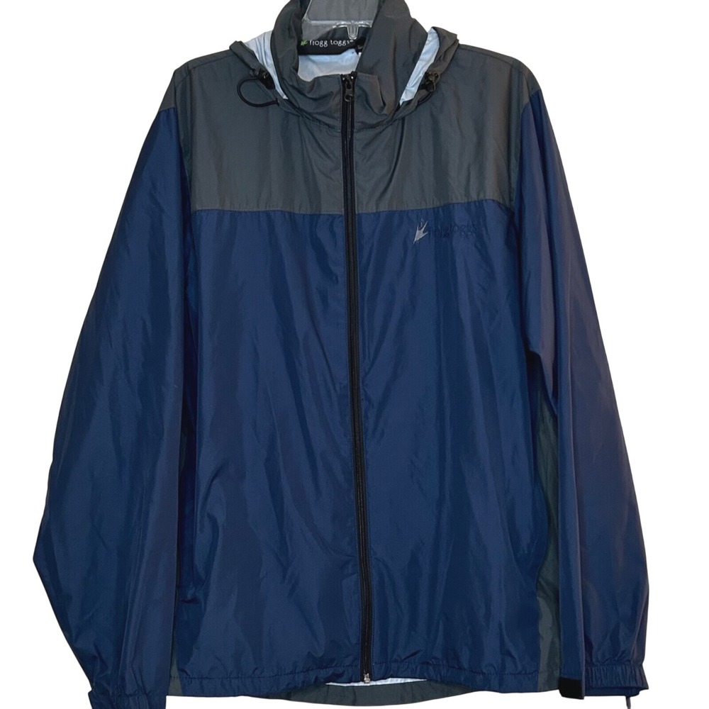 Frogg Toggs Rain Coat Men's Med/Large Windbreaker Navy Gray Full Zip Hooded